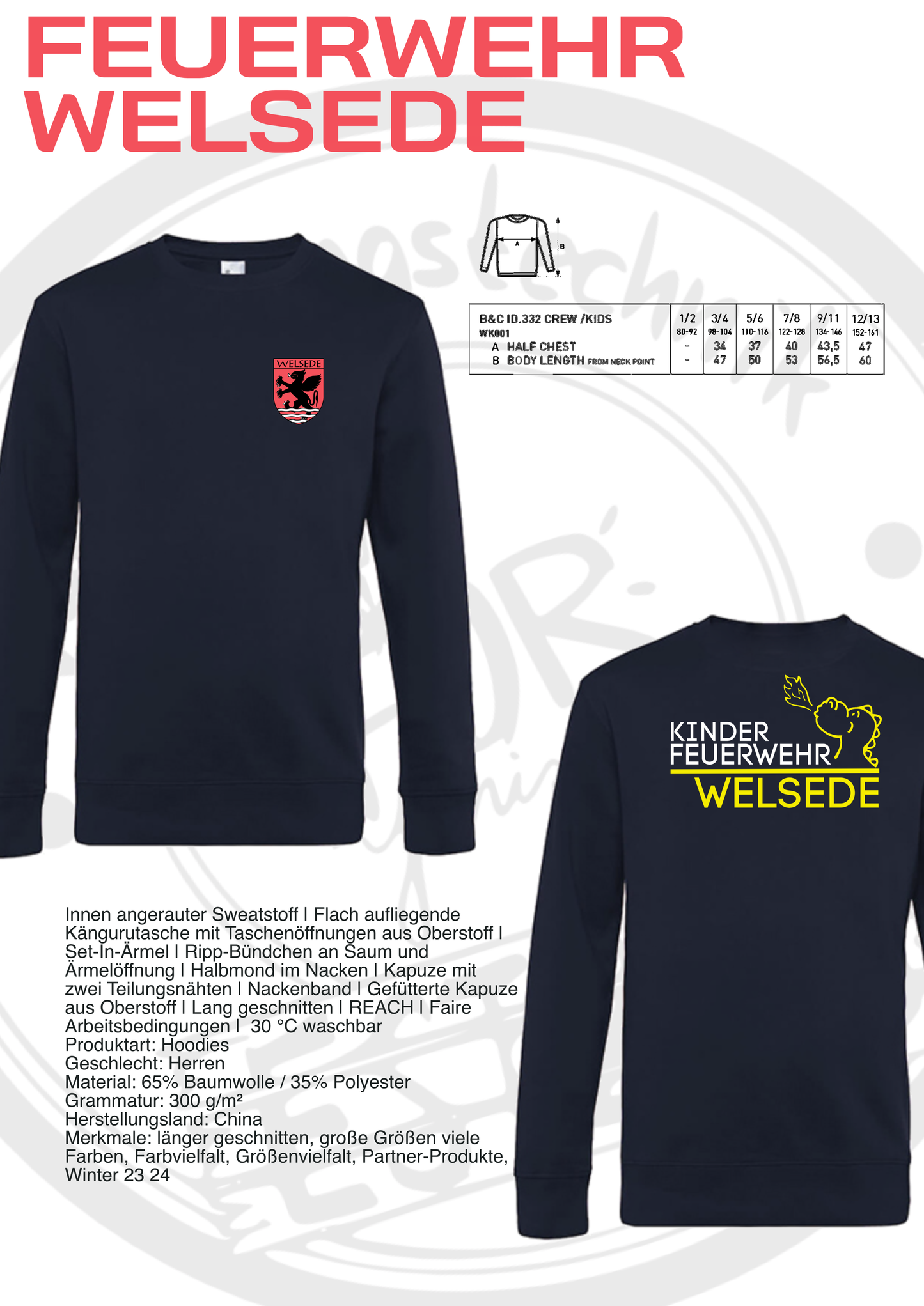 Sweatshirt der Kinderfeuerwehr Welsede mit Wappen