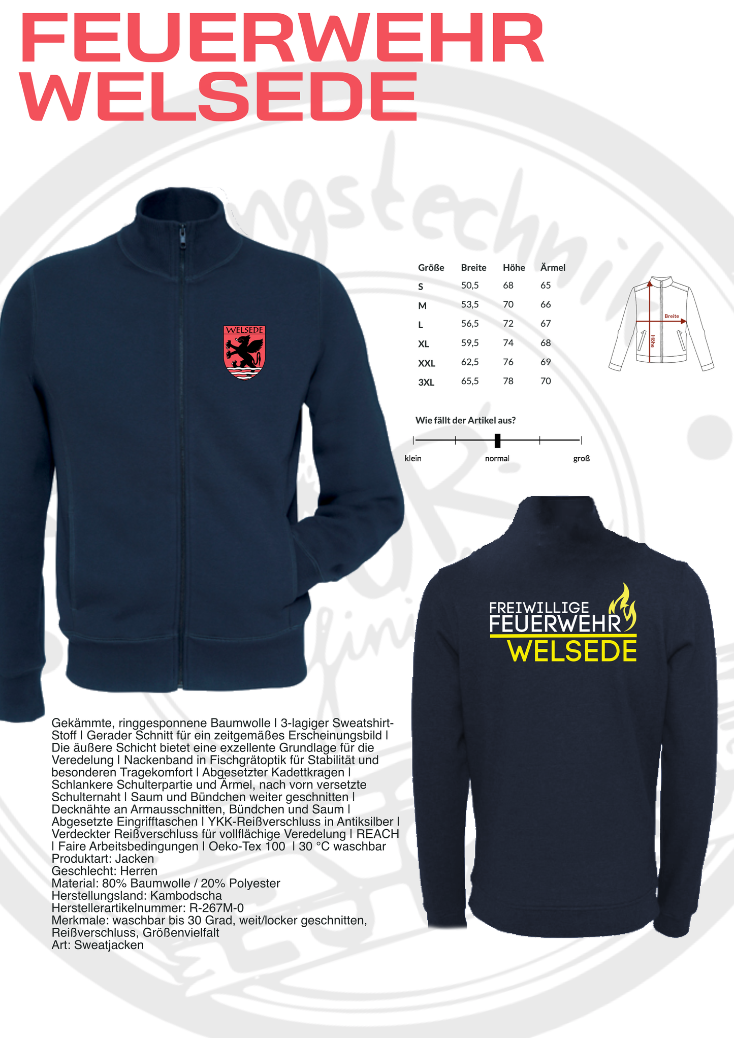 Sweatjacke der Feuerwehr Welsede mit Brustwappen und Rückendruck