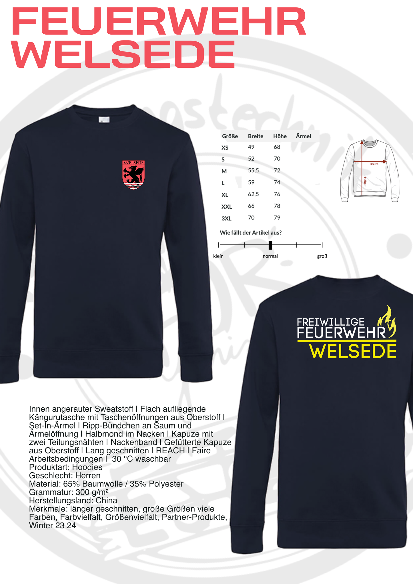 Sweatshirt der Feuerwehr Welsede mit Brustwappen und Rückendruck