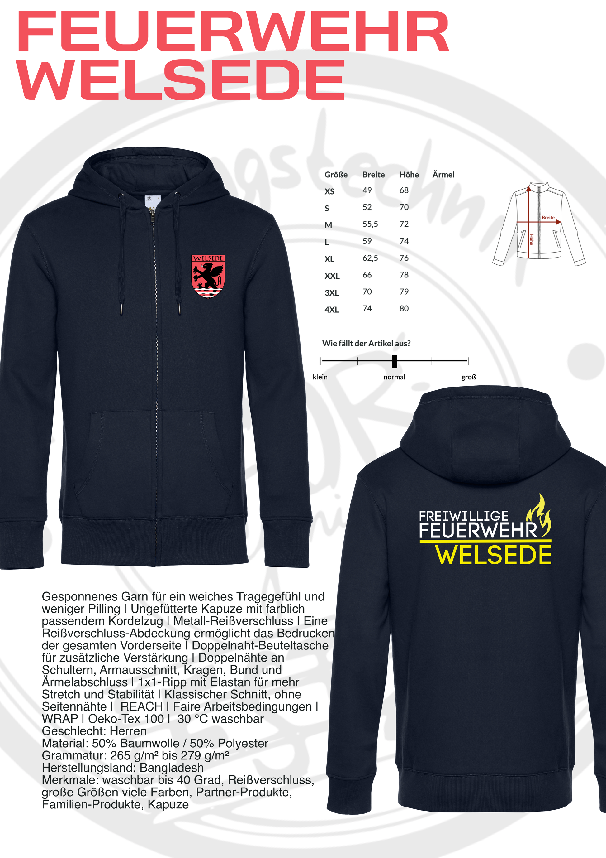 ZipHoodie der Feuerwehr Welsede mit Brustwappen und Rückendruck