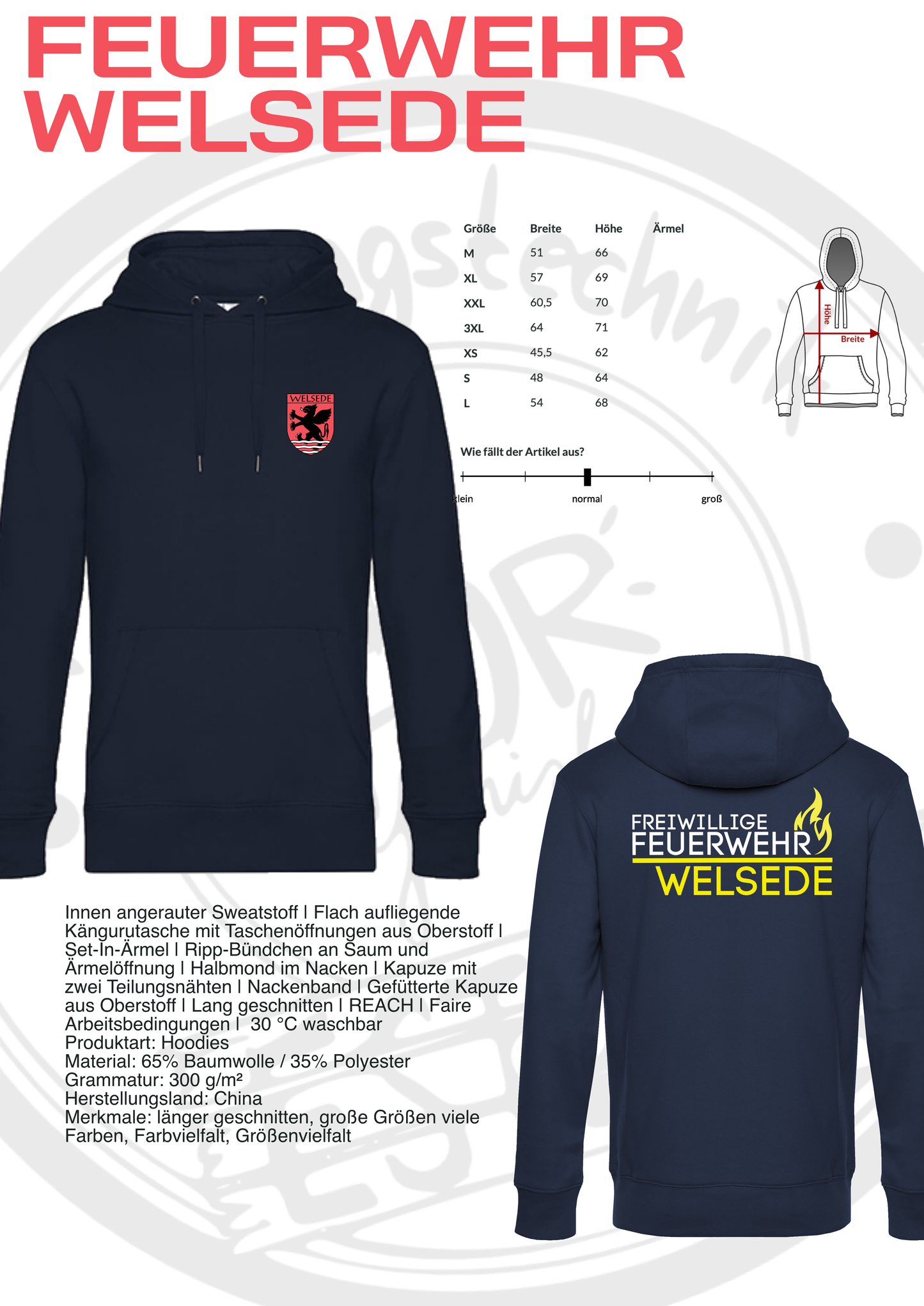 Hoodie der Feuerwehr Welsede mit Brustwappen und Rückendruck
