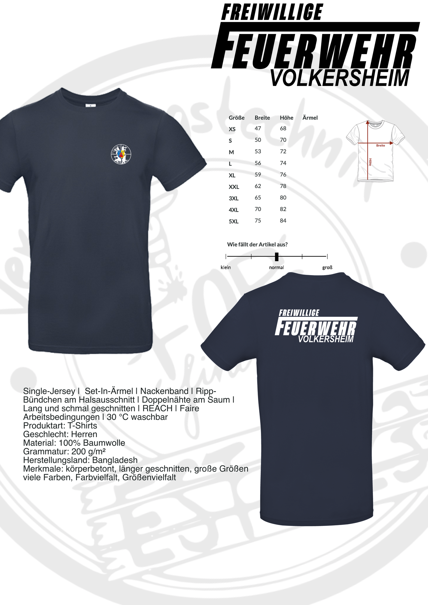 T-Shirt der Feuerwehr Volkersheim mit Brustwappen und Rückendruck