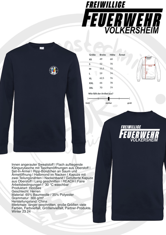 Sweatshirt der Feuerwehr Volkersheim mit Brustwappen und Rückendruck