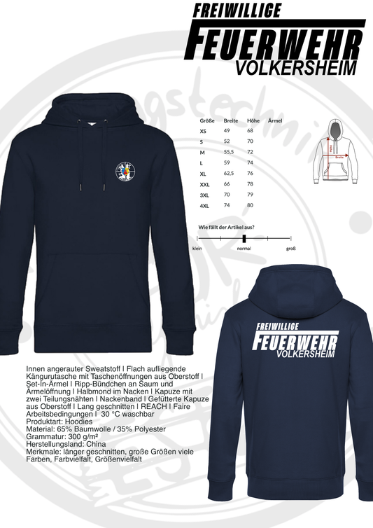 Hoodie der Feuerwehr Volkersheim mit Brustwappen und Rückendruck