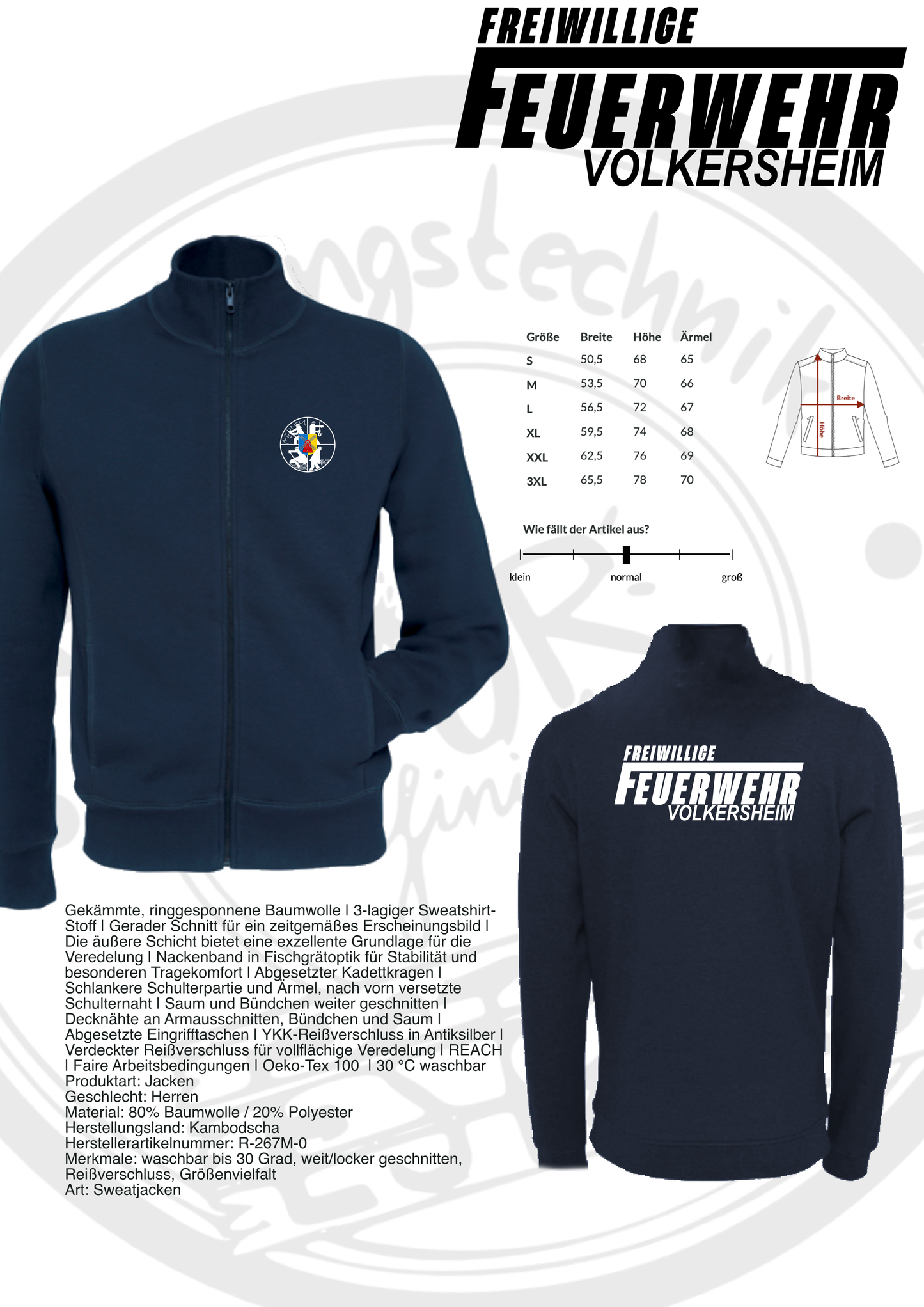 Sweatjacke der Feuerwehr Volkersheim mit Brustwappen und Rückendruck